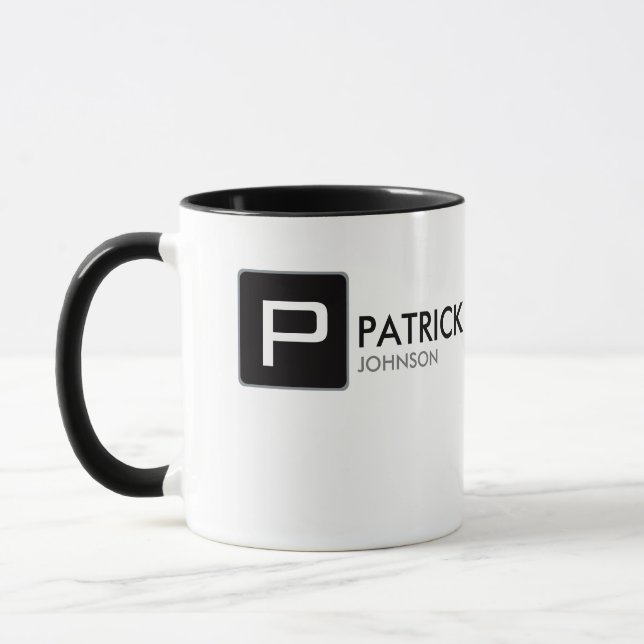 black monogram on white  personalized mug (Left)