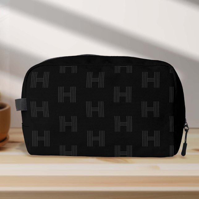 Black Monogram Pattern, Modern Monogrammed Mens Dopp Kit (Black Monogram Pattern, Simple Black Dopp Kit Bag)
