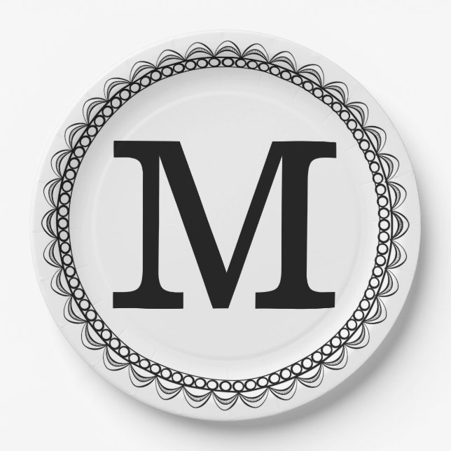 Black Monogram Personalized Paper Plate (Front)
