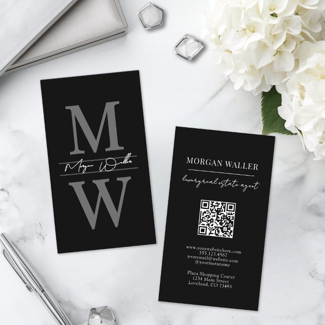 Black Monogram Professional Vertical Business Card (Vertical Monogram Black Professional Business Card)