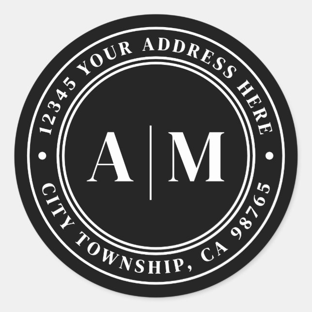 Black Monogram Return Address Classic Round Sticker (Front)