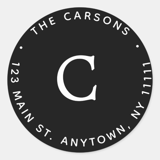 Black Monogram Round Return Address Label (Front)