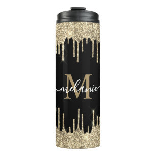 Black Monogram Script Name Gold Glitter Drip Thermal Tumbler