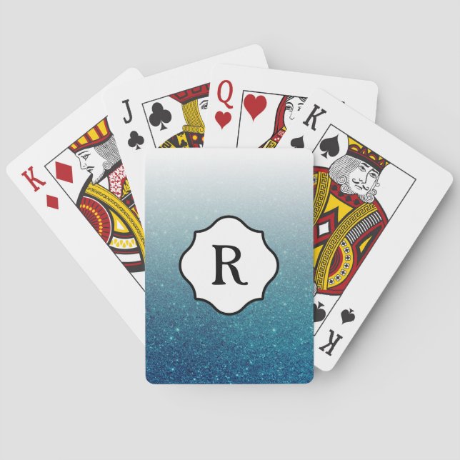 Black Monogram, Sparkling Dark Teal Glitter Ombre Playing Cards (Back)