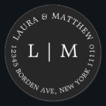 Black Monogram Wedding Classic Round Sticker<br><div class="desc">Modern and minimalist wedding Sticker featuring your two initial monogram and address. A simple design that still comes across as chic and stylish. These envelopes are a great way to add an elegant touch to your wedding invitation suite.</div>