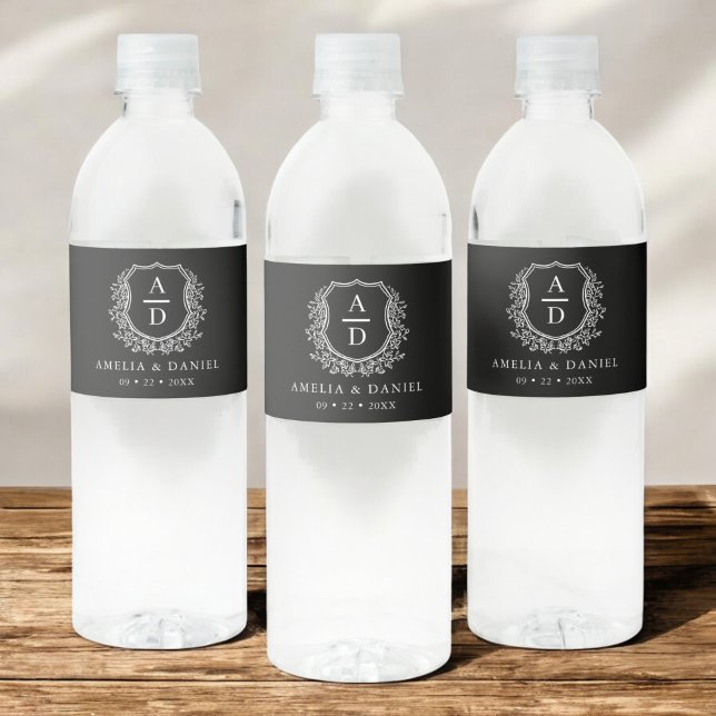 Black Monogram Wedding Floral Crest Water Bottle Label (Creator Uploaded)