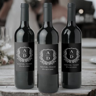 Black Monogram Wedding Floral Crest Wine Label