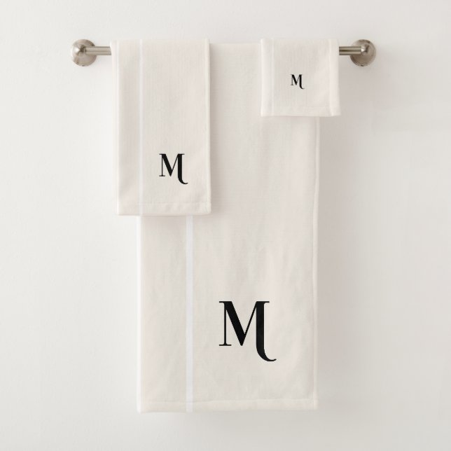 Black Monogram White Racing Stripes Ivory Cream Bath Towel Set (Insitu)