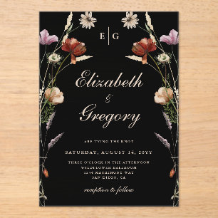Black Monogram Wildflower Wedding Acrylic Invitations