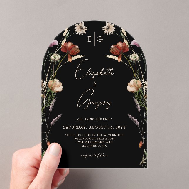Black Monogram Wildflower Wedding Acrylic Invitations (Insitu (Handheld))