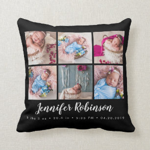 Black Monogrammed Birth Stat Black Photo Collage Throw Pillow