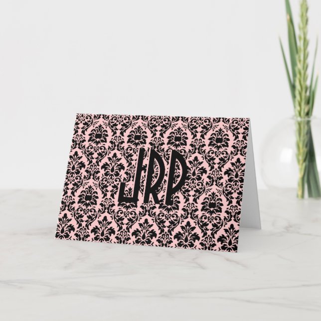 Black Monogrammed Damask Note Card (Front)