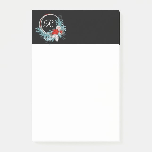 Black Monogrammed Wreath Holiday Post it Notes 4x6 (Front)