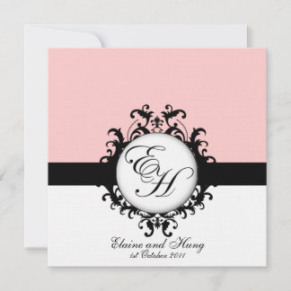Black Monograms Damask on Linen Invitation