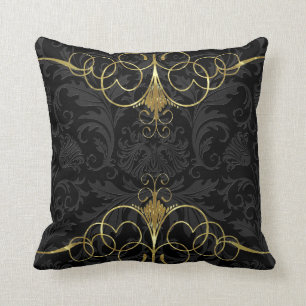 Black Monotones Floral Damasks & Gold Frame Throw Pillow