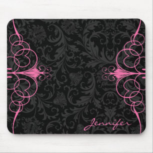 Black Monotones Floral Damasks & Pink Frame Mouse Pad