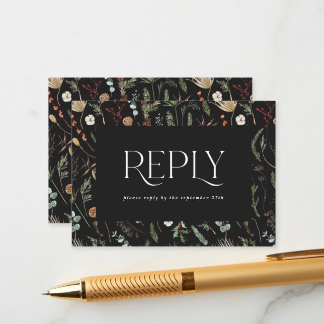 Black moody floral botanical elegant wedding reply enclosure card (Front/Back In Situ)