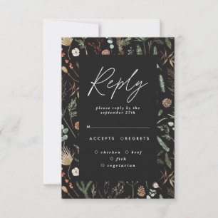 Black moody floral botanical elegant wedding reply invitation