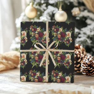 Black Moody Floral Burgundy Wedding  Wrapping Paper