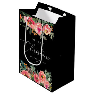 Black Moody Floral Christmas   Botanical Holiday Medium Gift Bag