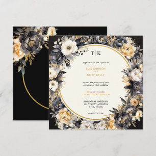 Black Moody Floral QR Code RSVP Wedding Invitation