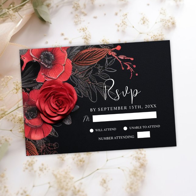 Black Moody Gothic Floral Dark Wedding RSVP Card (Black Moody Gothic Floral Dark Wedding RSVP Card)