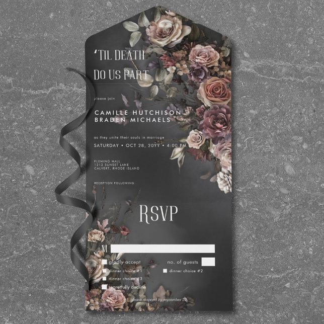 Black Moody Gothic Flowers & Mist Dinner All In One Invitation (Black Moody Gothic Flowers & Mist Dinner All In One Invitation)
