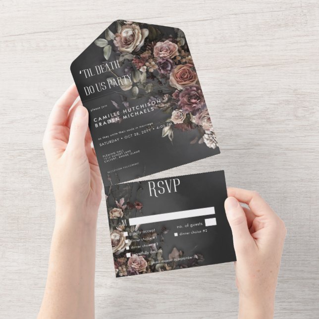 Black Moody Gothic Flowers & Mist Dinner Custom All In One Invitation (Tearaway)