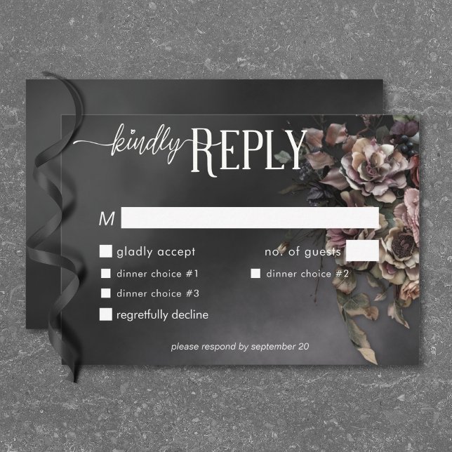 Black Moody Gothic Flowers & Mist Dinner RSVP Card (Black Moody Gothic Flowers & Mist Dinner RSVP Card)