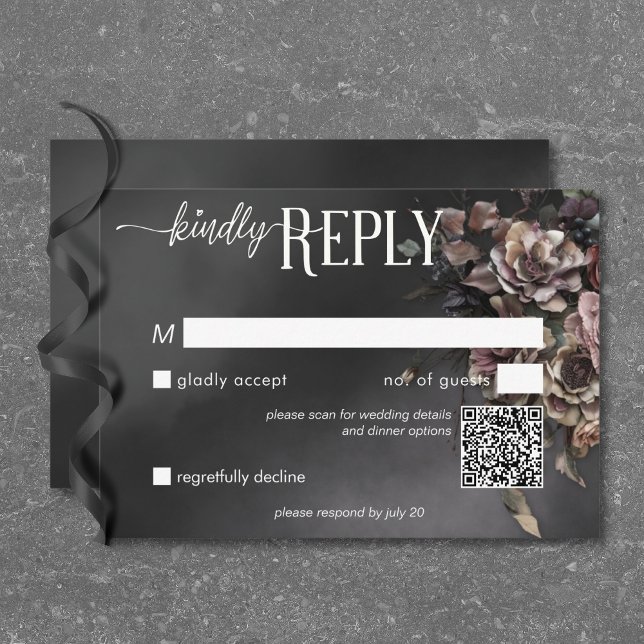 Black Moody Gothic Flowers & Mist QR Code RSVP Card (Black Moody Gothic Flowers & Mist QR Code RSVP Card)
