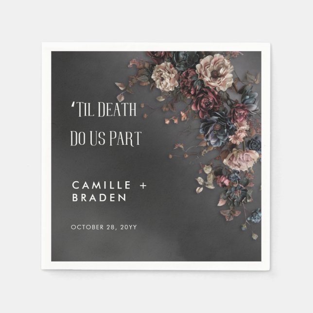 Black Moody Gothic Flowers & Mist Wedding Napkin (Front)