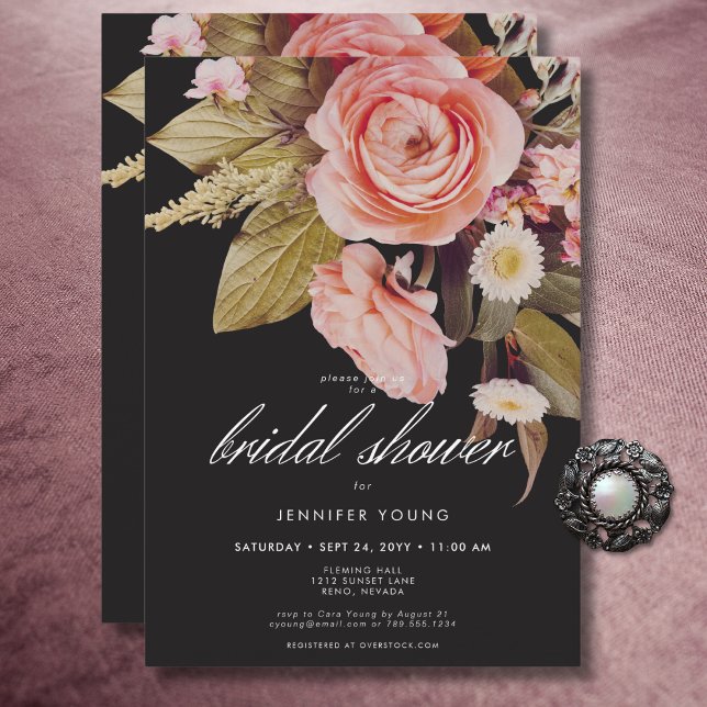 Black Moody Pink Blush Blooms Bridal Shower Invitation (Black Moody Pink Blush Blooms Bridal Shower Invitation)