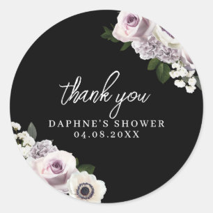 Black Moody Purple and White Floral Bridal Shower Classic Round Sticker