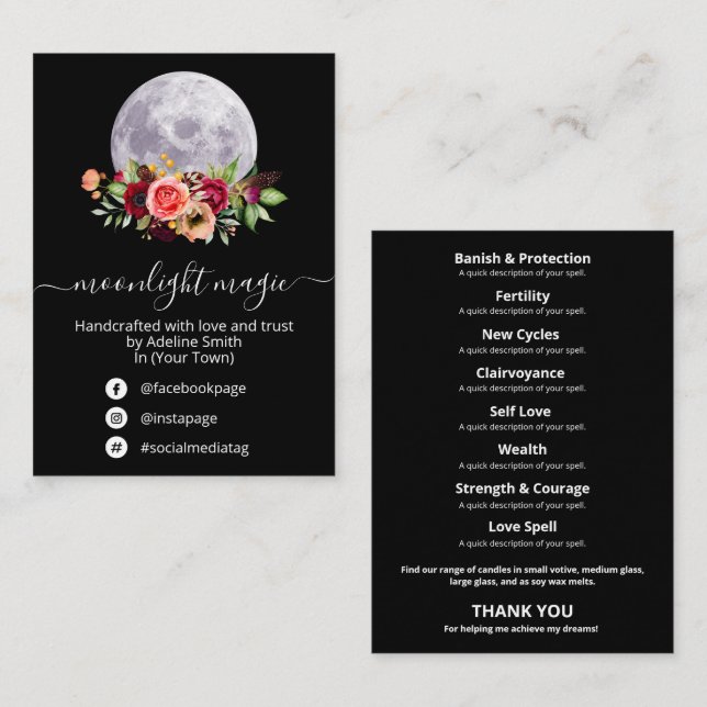 Black Moon Flower Spell Jar And Kit Business Card (Front/Back)