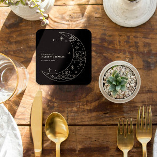Black Moon & Stars Celestial Wedding Reception Square Paper Coaster
