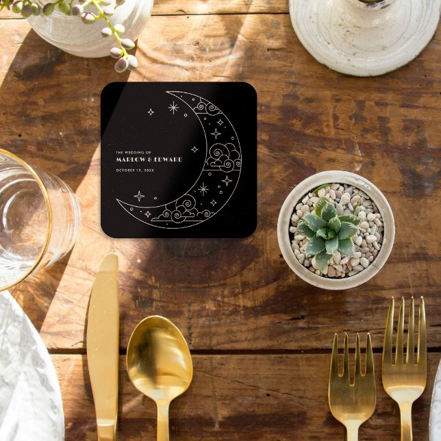 Black Moon & Stars Celestial Wedding Reception Square Paper Coaster (Creator Uploaded)