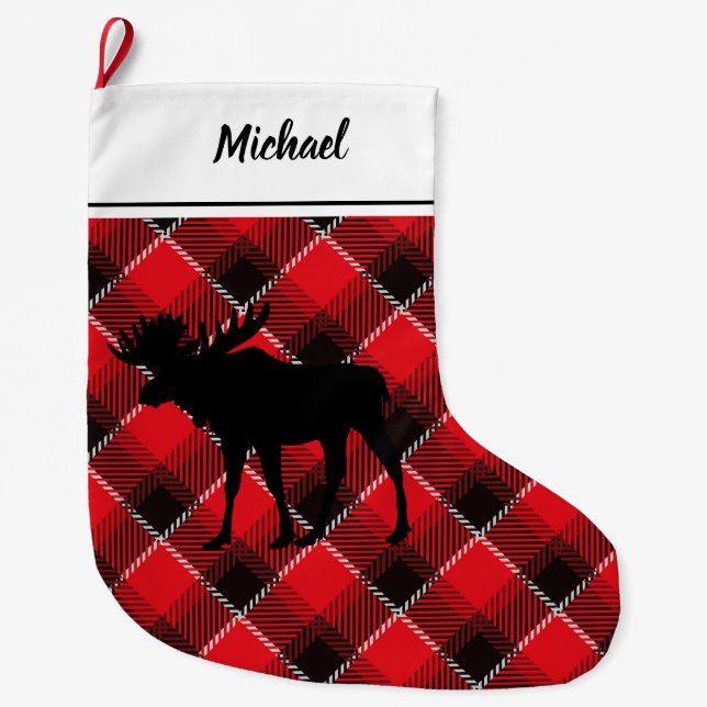 Black Moose Lumberjack Pattern Personalized Large Christmas Stocking (Front)