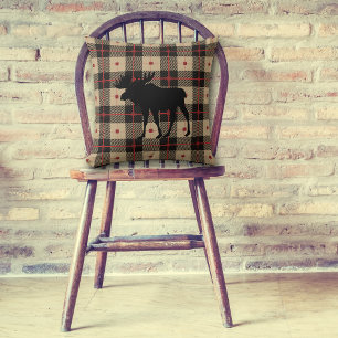 Black Moose on Buffalo Plaid Pattern Throw Pillow