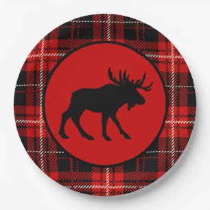 Black Moose Red Black Plaid Paper Plate