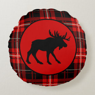 Black Moose, Red Plaid Cabin Round Pillow