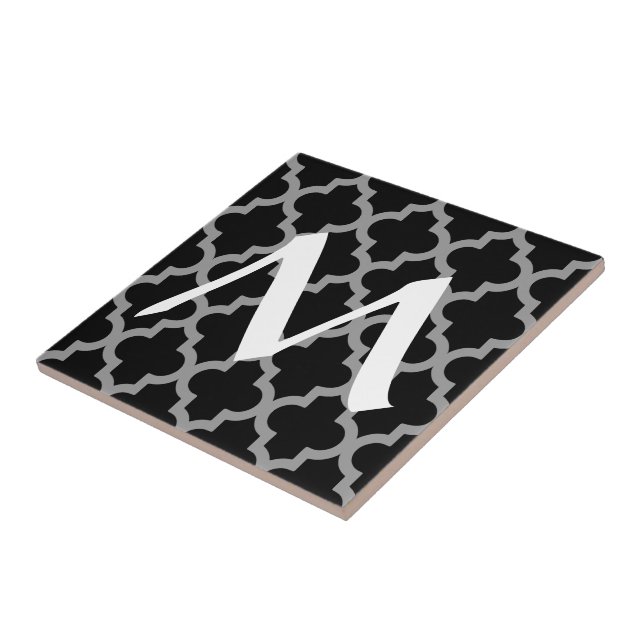 Black Moroccan Moods Quatrefoil with Initial Tile (Side)