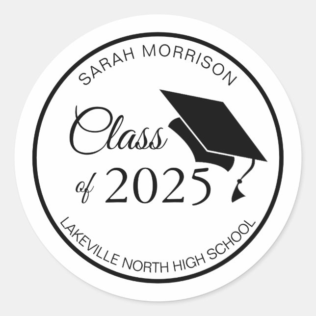 Black Mortar Cap Class of 2025 Graduation Classic  Round Sticker (Front)
