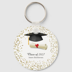 Black mortar, golden effect confetti Graduation Keychain