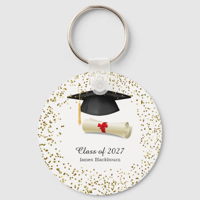 Black mortar, golden effect confetti Graduation Keychain (Front)