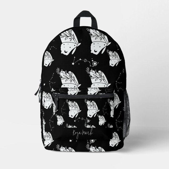 Black Moth Butterfly Pattern Printed Backpack (Front)