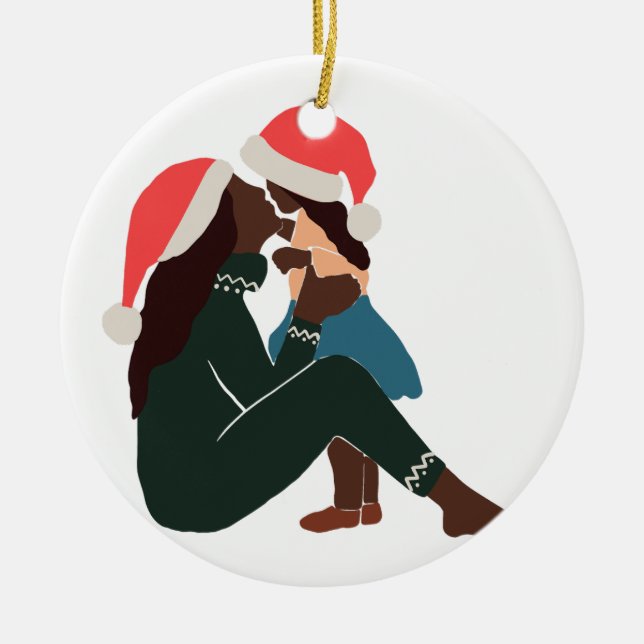 Black Mother/Daughter Christmas Ceramic Ornament (Front)