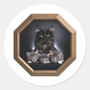 Black Mother Kitten And Her Three Kittens Classic Round Sticker