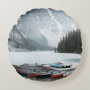 BLACK MOUNTAIN COVERED WITH SNOW UNDER GREY SKY ROUND PILLOW