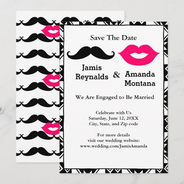 Black Moustache and Pink Lips Couple Save the Date Invitation (Front/Back)