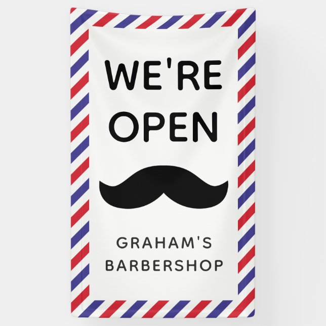 Black Moustache Barbershop Stripes Open Banner (Vertical)